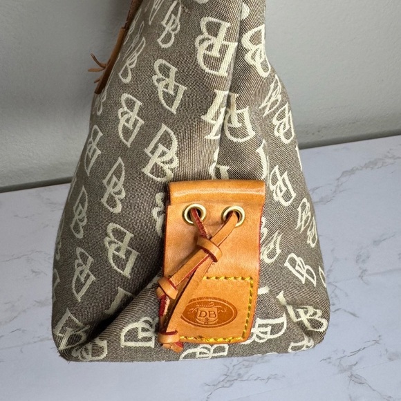 Dooney & Bourke Taupe Monogrammed Jacquard Tan Leather Trim Tassel Tote Handbag - Picture 5 of 11